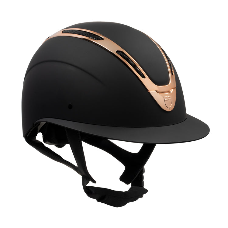 black and rose gold helmet