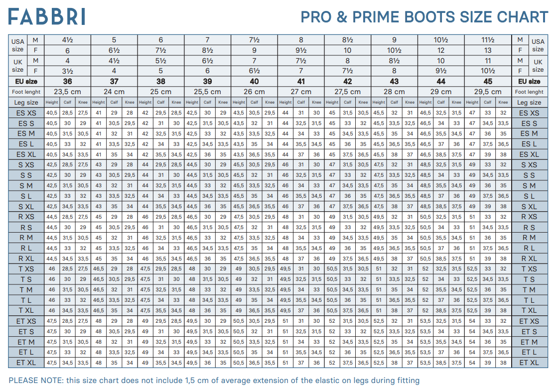 Fabbri boots size chart