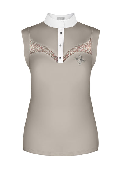 Beige sleeveless equestrian shirt with lace details 