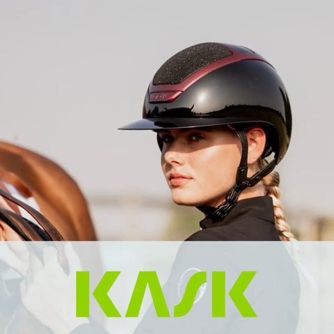 Kask riding helmet with burgundy details on female equestrian – luxury horse riding helmets from Equizone Online