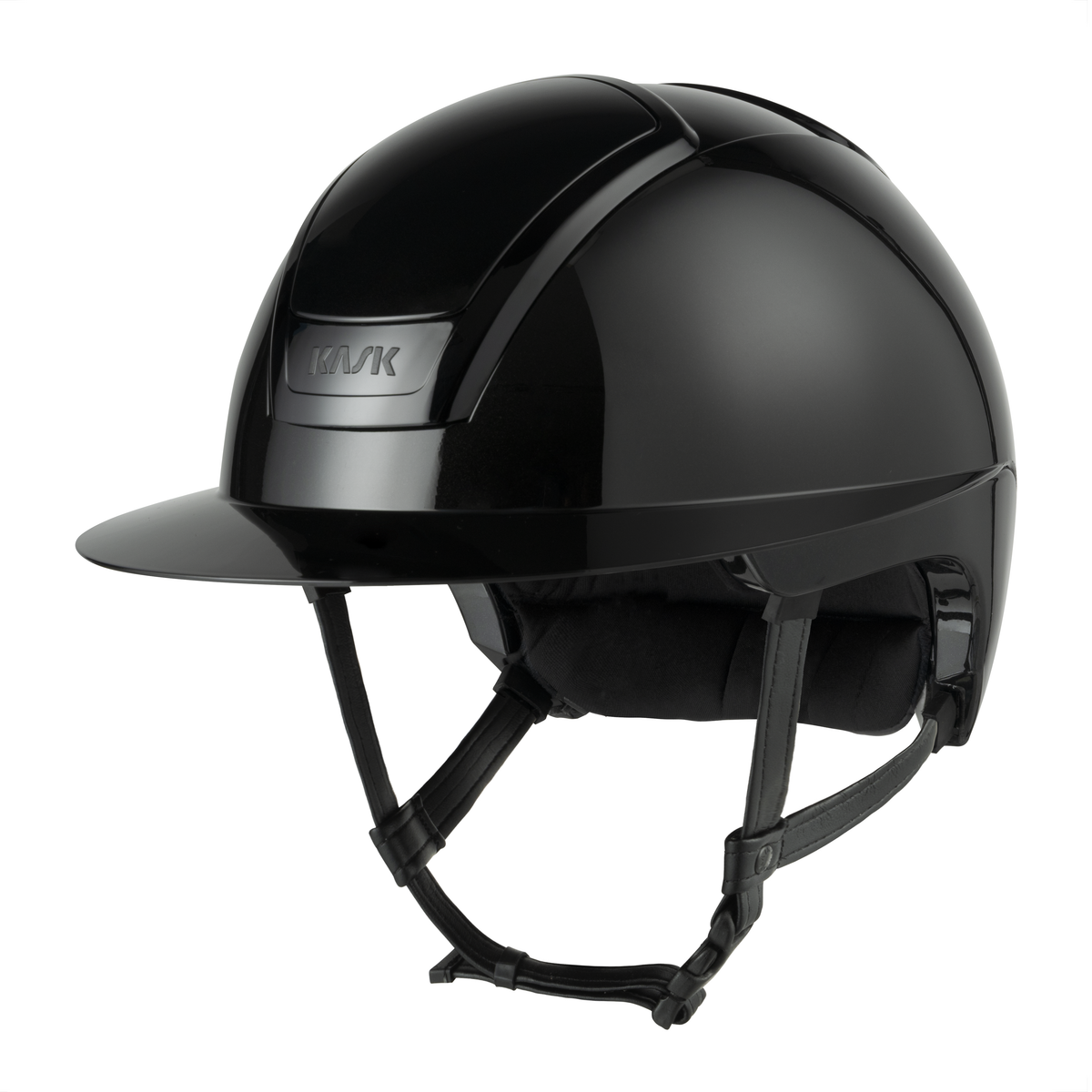 Glossy black wide brim horse riding helmet