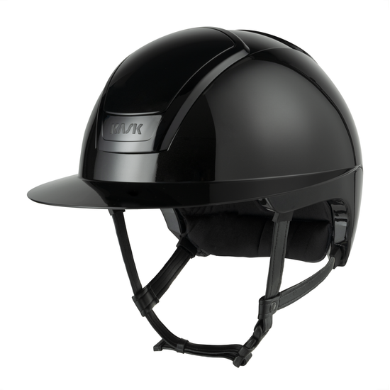 Glossy black wide brim horse riding helmet