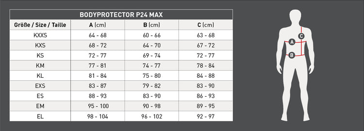 Swing body protector size chart