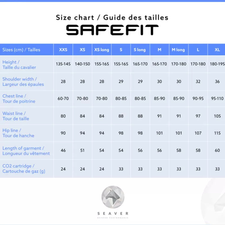 Seaver Airbag size chart