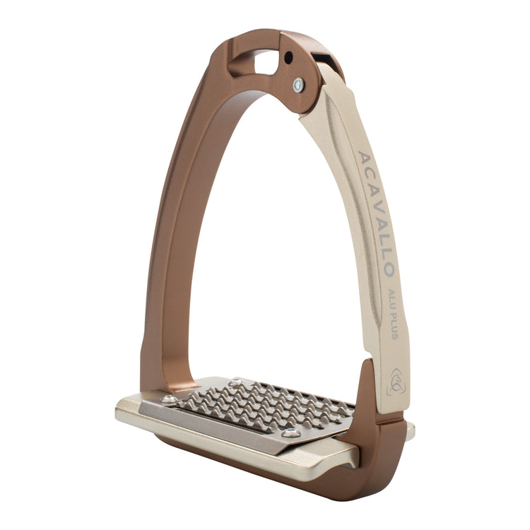 Acavallo Arena Aluplus stirrups with five-degree inclined stainless steel tread for grip and rider comfort.