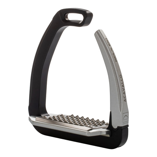 Acavallo REL-X 180 stirrups with five-degree inclined tread for improved rider positioning.