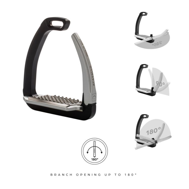 Acavallo REL-X 180 Safety Stirrups with patented side opening mechanism.
