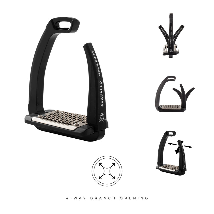Acavallo REL-X Easy side opening stirrups with innovative injection-molded construction.