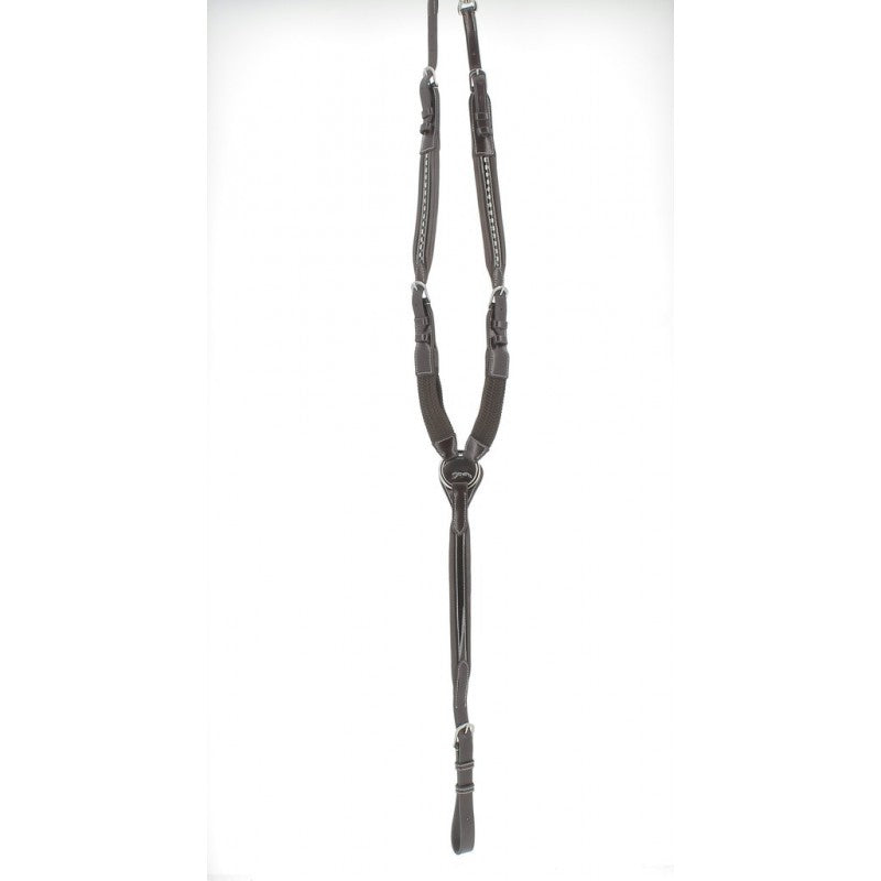 Adjustable leather breastplate for horses with buckled side attachments.