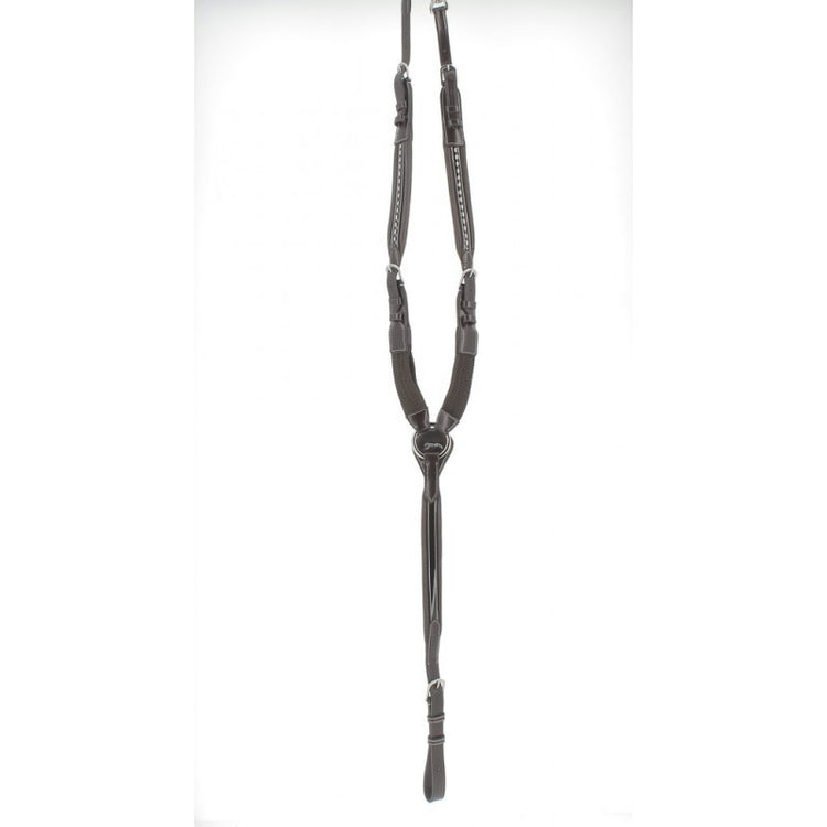 Adjustable leather breastplate for horses with buckled side attachments.