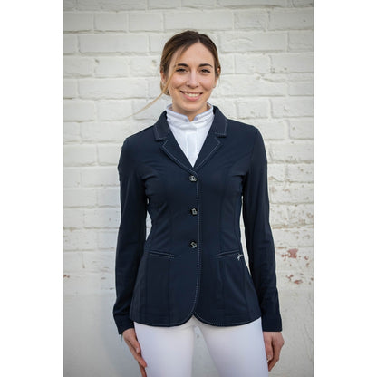 Airbag-compatible equestrian show jacket designed to be worn over a riding airbag vest.