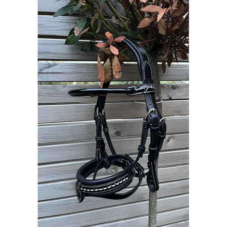 Anatomical bridle for ponies with a pressure-distributing headpiece.