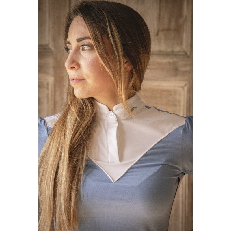 Breathable horse riding show shirt with contrasting mesh side panels.