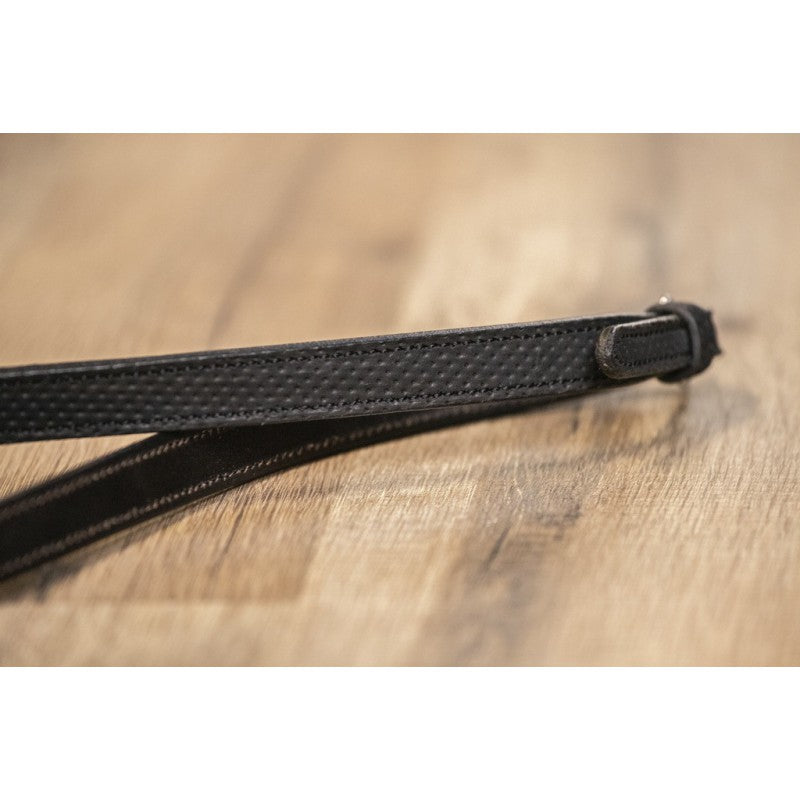 Competition bridle with non-slip rubber reins, stainless steel fittings and patent detailing.