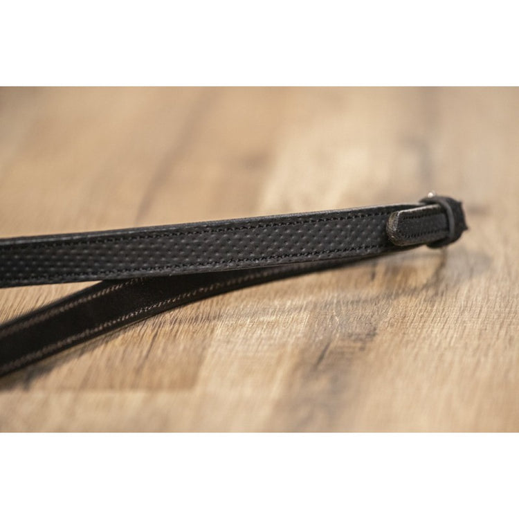 Competition bridle with non-slip rubber reins, stainless steel fittings and patent detailing.