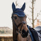 Equestrian ear bonnet with glitter detailing for a refined competition outfit.