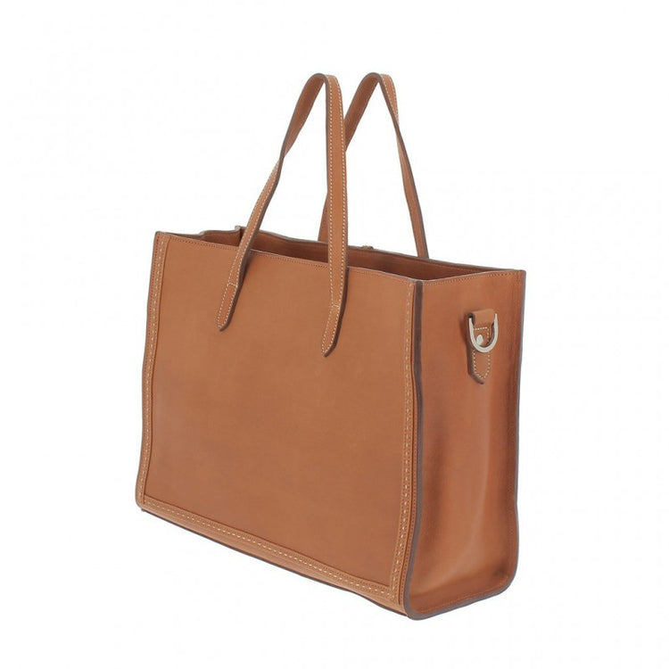 Equestrian handbag with decorative saddle stitching and silver logo detail.