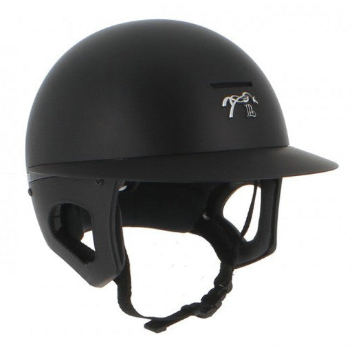 Equestrian helmet with polo visor and removable clip-in inner foam.