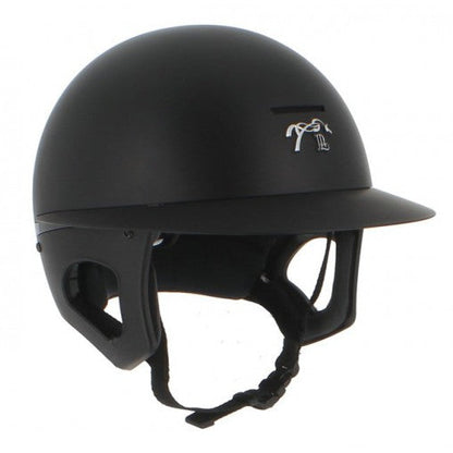 Equestrian helmet with polo visor and removable clip-in inner foam.