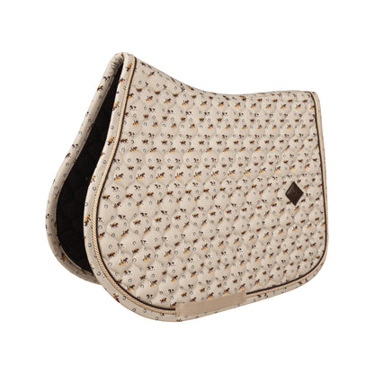 Equestrian saddle pad with decorative horse and horseshoe design