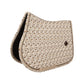 Equestrian saddle pad with decorative horse and horseshoe design