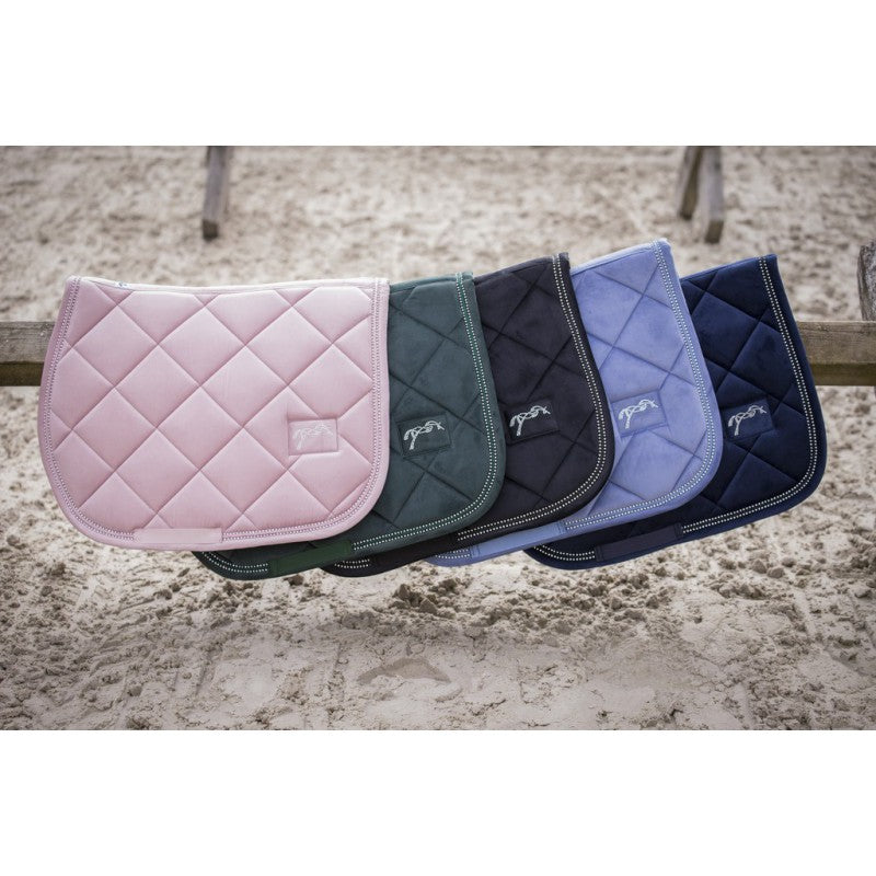 Equestrian saddle pad with two rows of crystals around the edge.