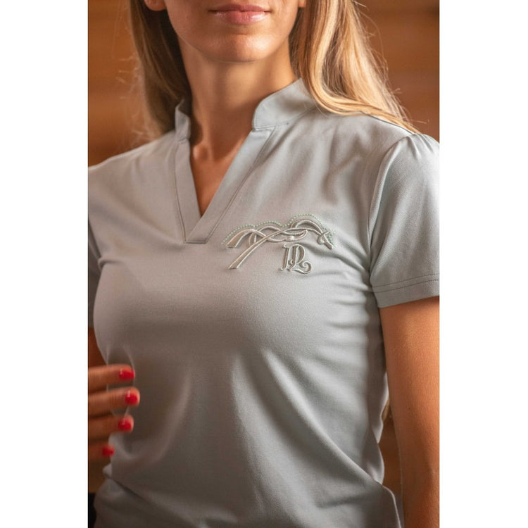 Equestrian V-neck polo shirt for women with a stand-up collar and sporty elegant design.
