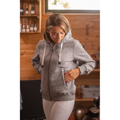 Equestrian zip sweat jacket for women with practical front pockets and a large hood.