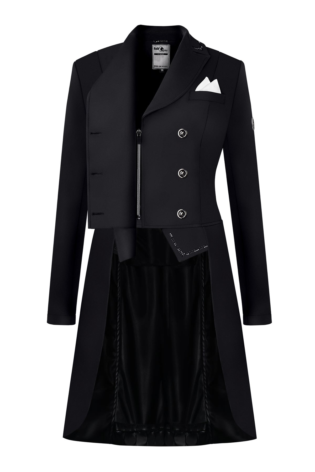 Fair Play FP Nadine ladies competition tailcoat with decorative horse motif embroidery and rhinestones.