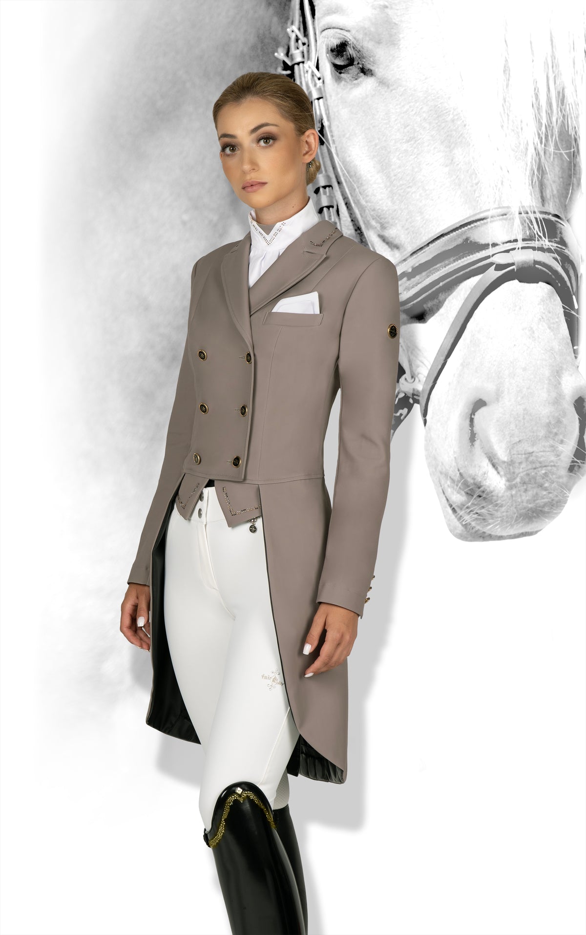 Fair Play FP Nadine dressage tailcoat with weighted tails and faux leather detailing underneath.