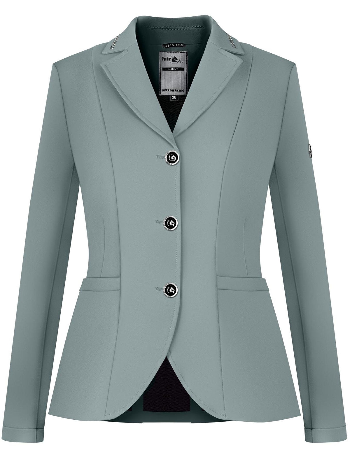 Fair Play Natalie show jacket in Ash Blue with crystal detailing around the collar.