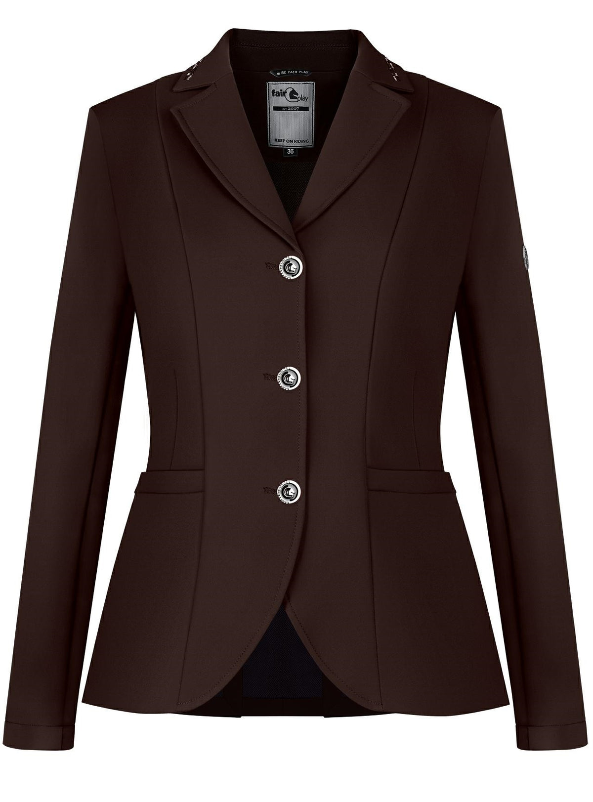 Fair Play Natalie show jacket in Brown with breathable COMFINAT-tech™ stretch fabric.