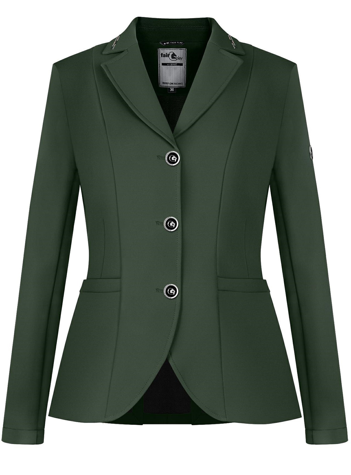 Fair Play Natalie show jacket in Dark Sage with elegant rhinestone collar detailing.