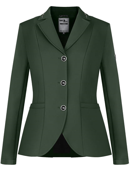 Fair Play Natalie show jacket in Dark Sage with elegant rhinestone collar detailing.
