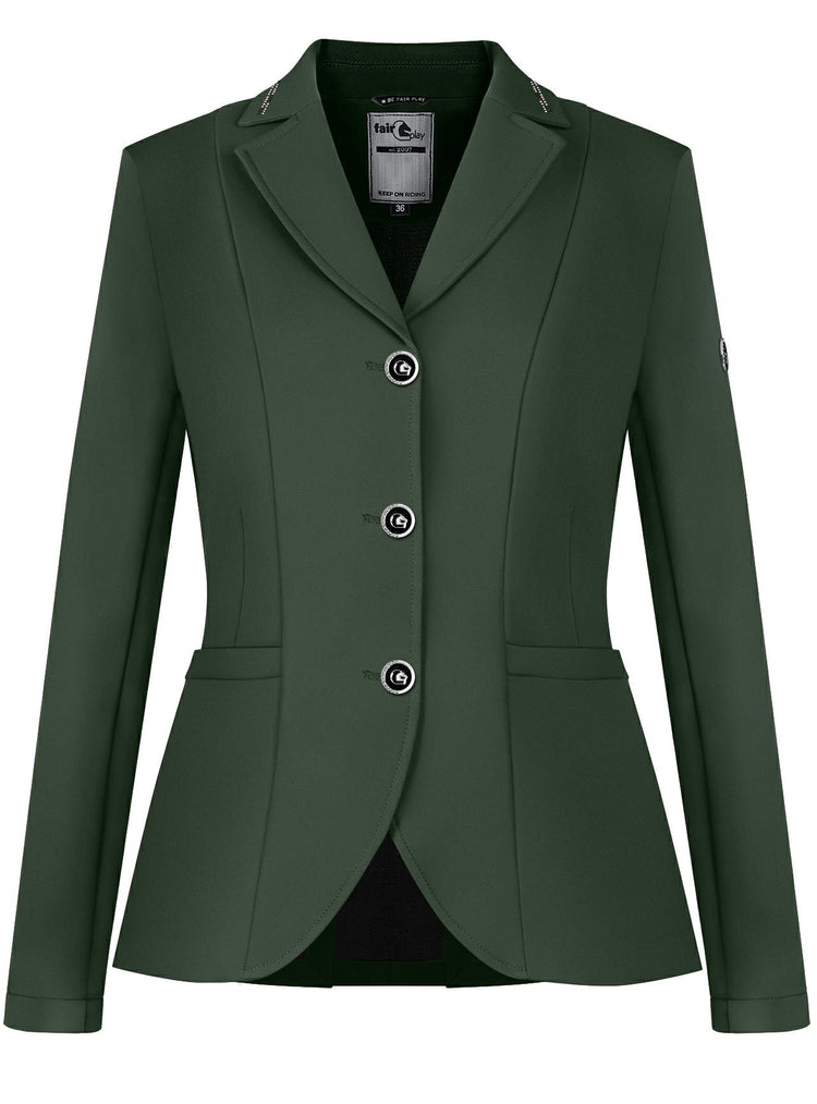 Fair Play Natalie show jacket in Dark Sage with elegant rhinestone collar detailing.