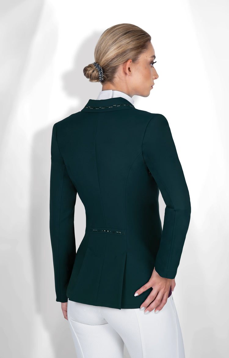 Fair Play Natalie elegant show jacket with rhinestone collar and decorative sleeve logo.