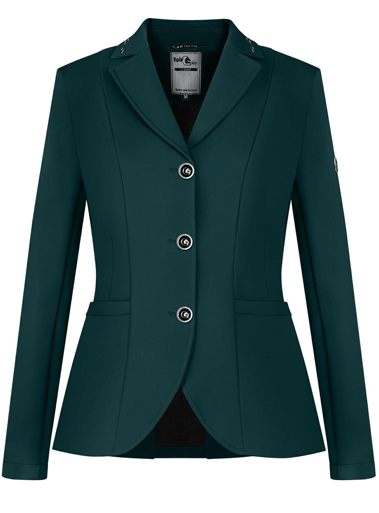 Fair Play Natalie ladies competition jacket with hidden zipper behind the button placket.