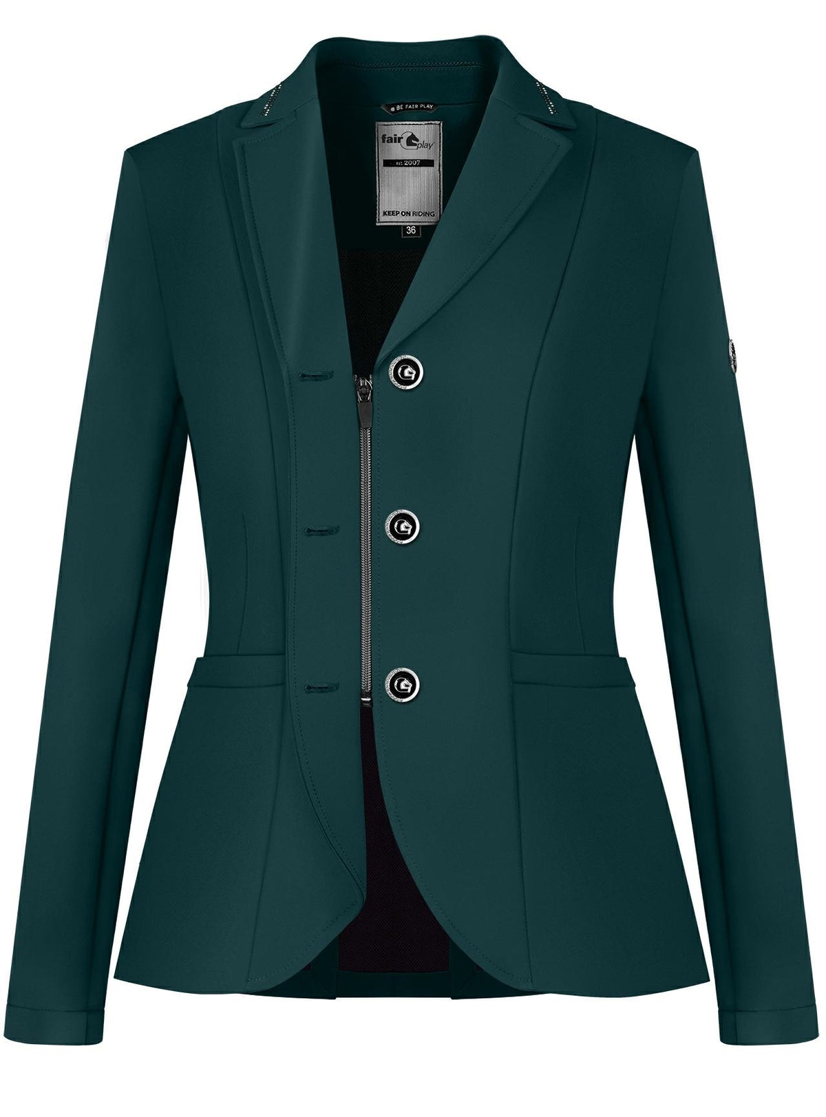 Fair Play Natalie show jacket in Noble Green with crystal detailing around the collar.