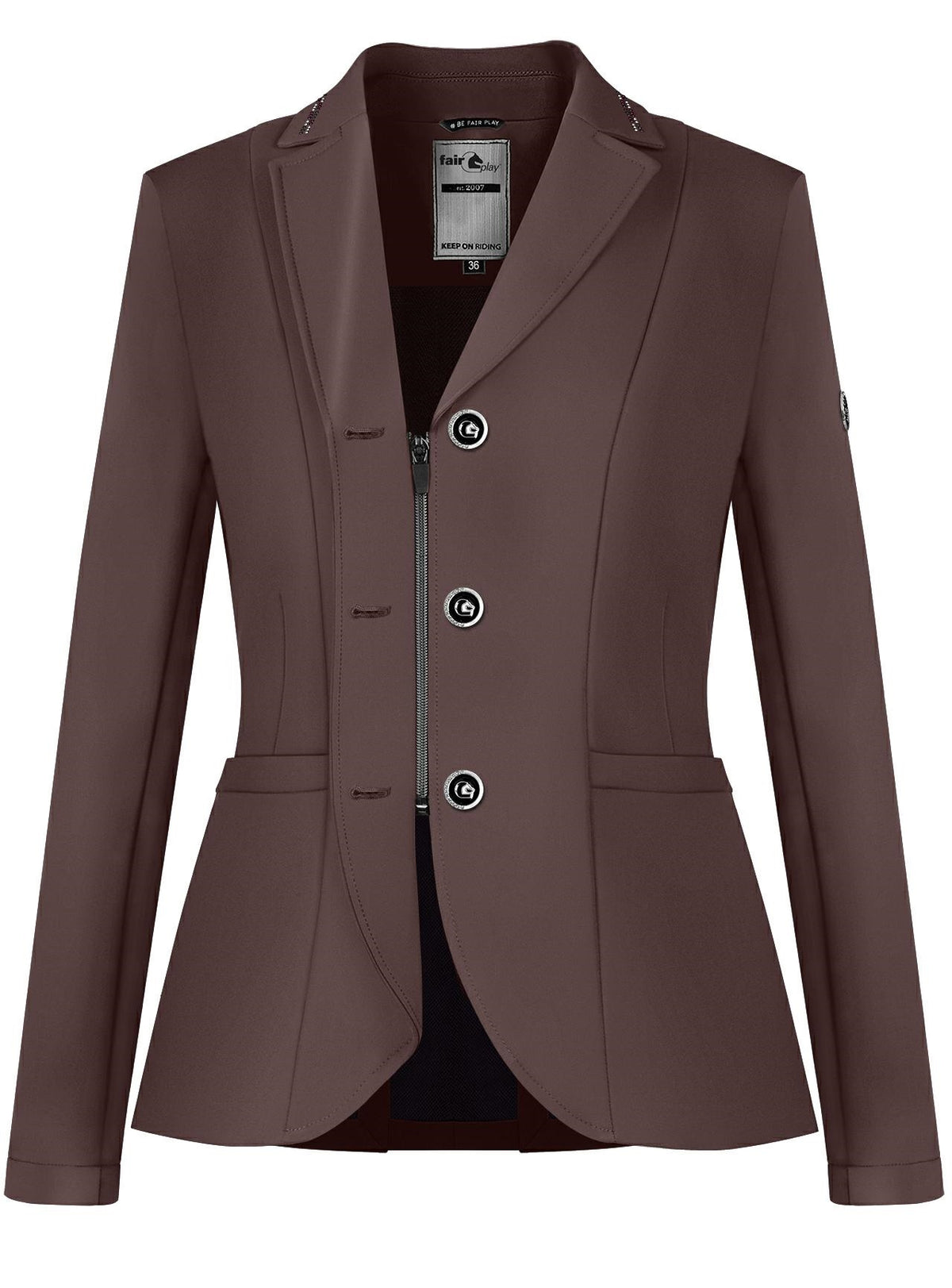 Fair Play Natalie show jacket in Rose Brown with breathable stretch construction.