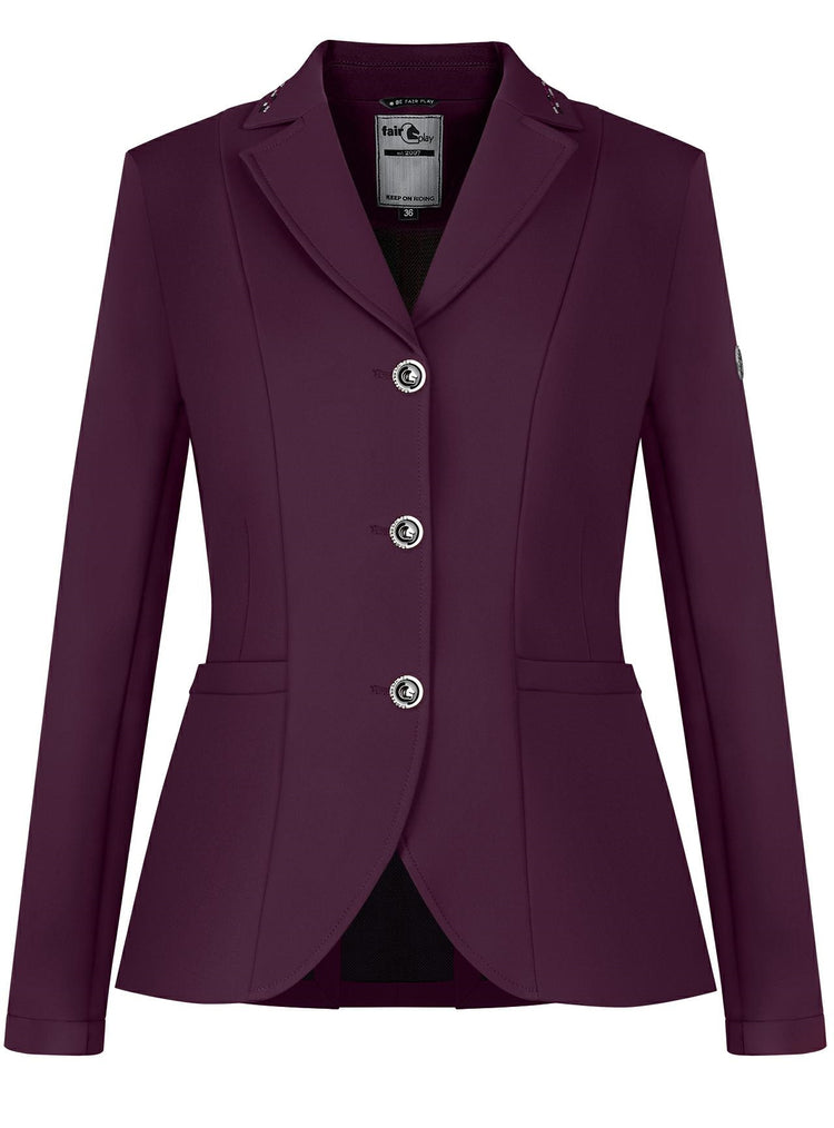 Fair Play Natalie competition jacket in Royal Berry with elegant crystal collar edging.