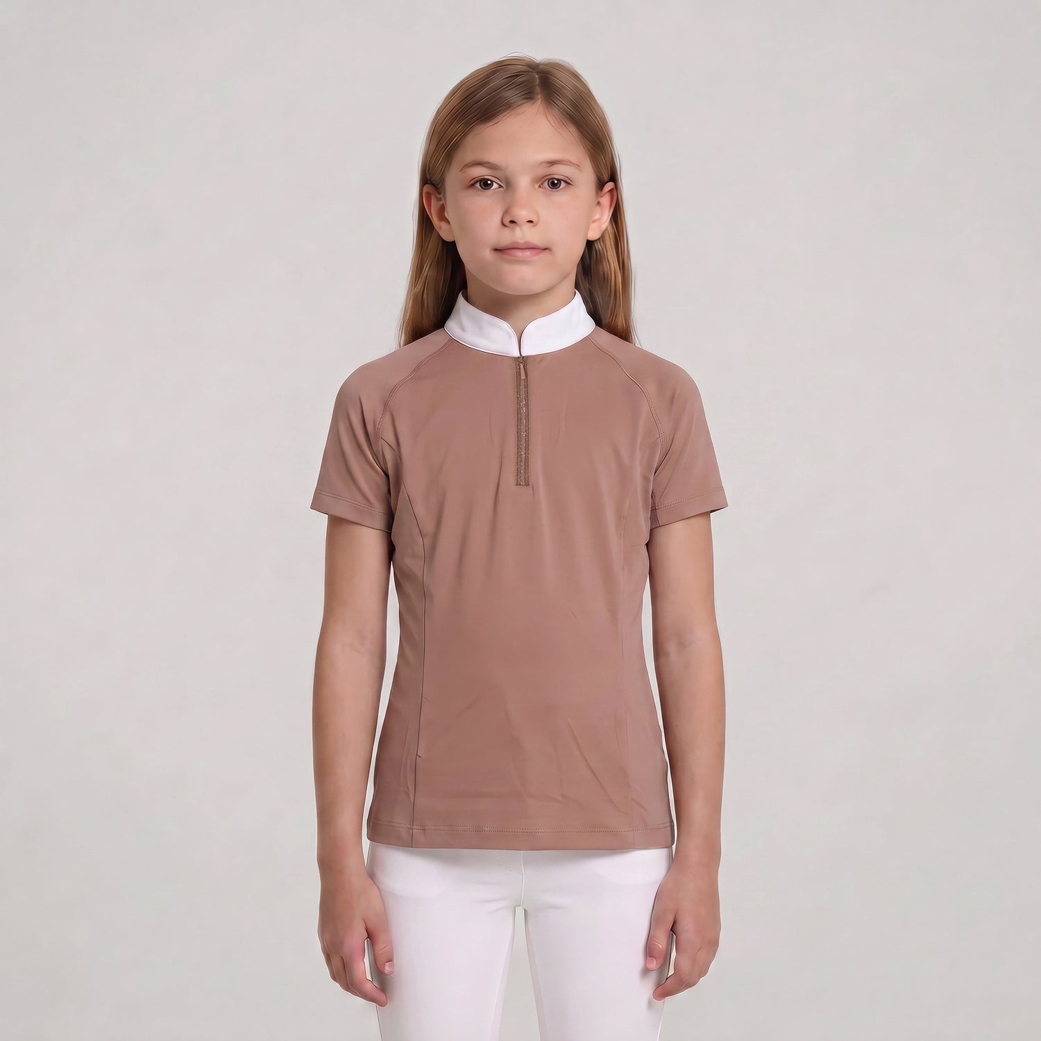 Girls short-sleeve equestrian show shirt for warm-weather competitions
