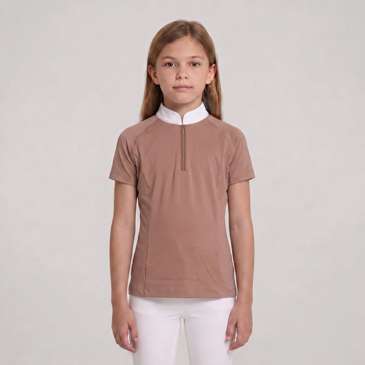 Girls short-sleeve equestrian show shirt for warm-weather competitions