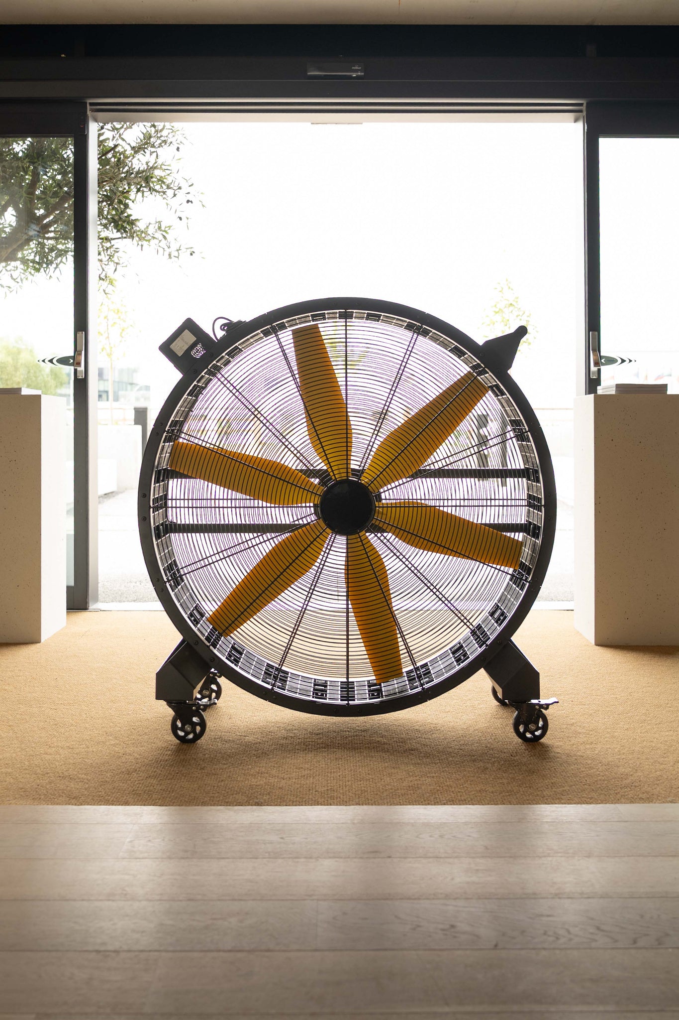 Industrial stable fan with control panel and adjustable fan speed