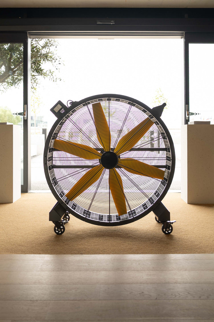 Industrial stable fan with control panel and adjustable fan speed