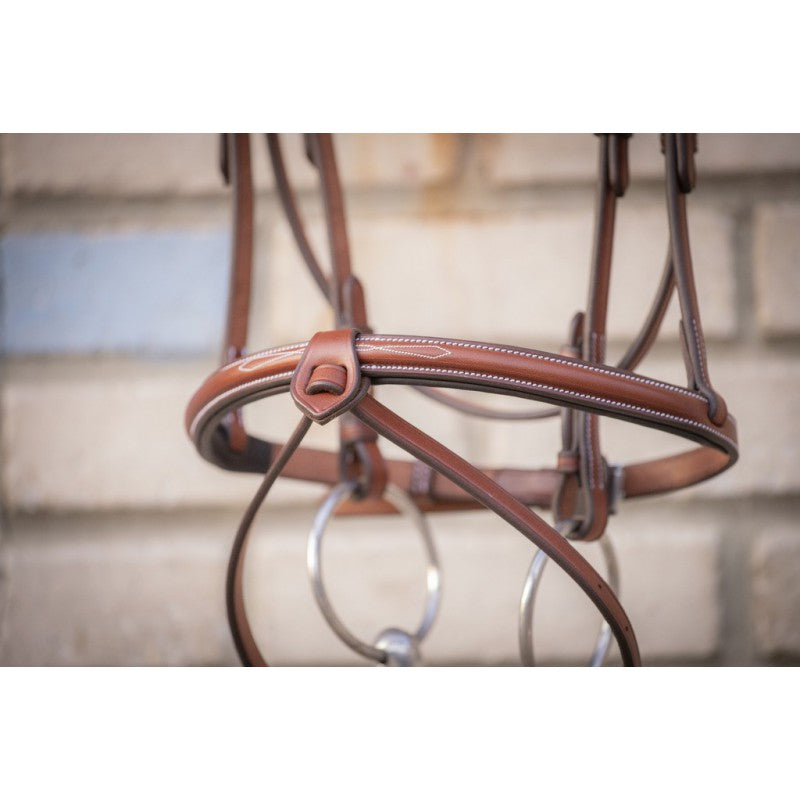 Hazelnut leather equestrian bridle with contrasting Havana lining and traditional hunter styling.