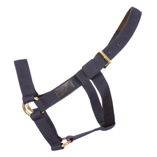 Heavy-duty horse halter with artificial leather reinforced headpiece