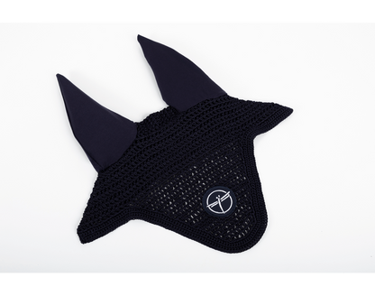 Crocheted horse ear bonnet with colorful trim black