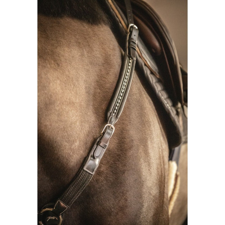 Horse breastplate with detachable martingale for flexible riding use.