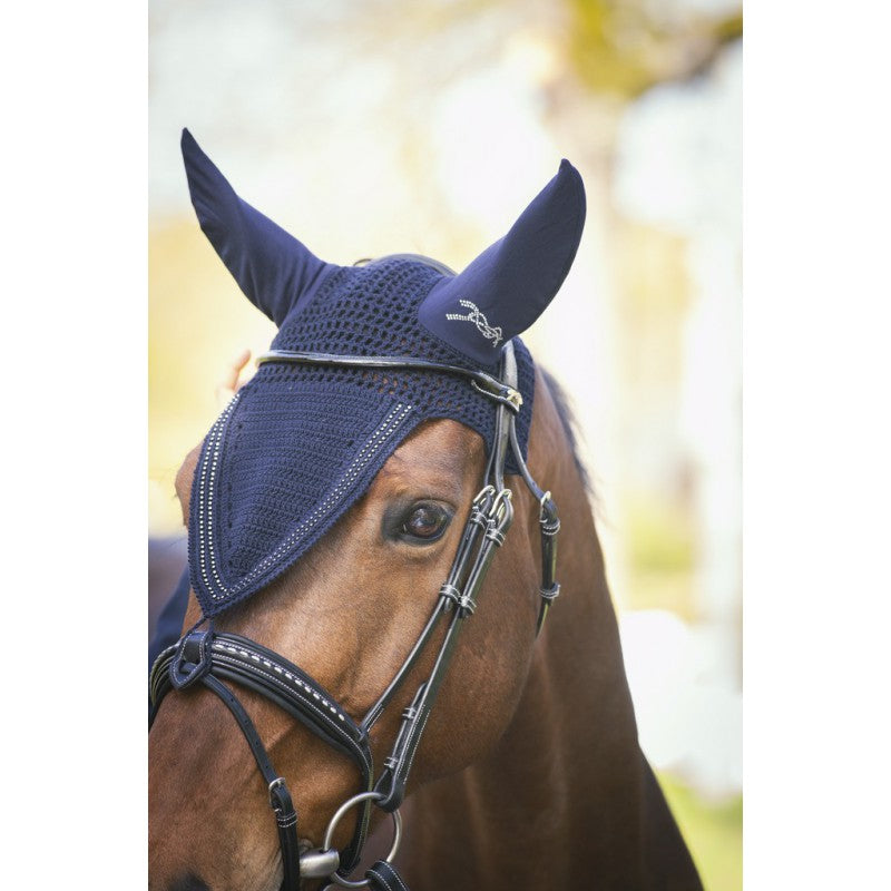 Horse fly bonnet with noseband attachment loop for additional stability.