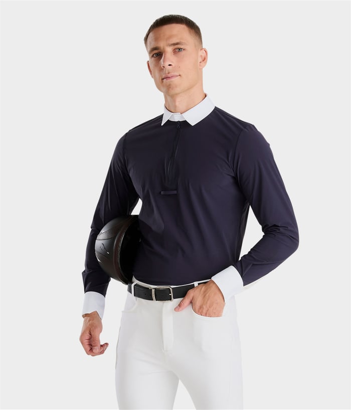 Men’s long sleeve white competition riding shirt blue